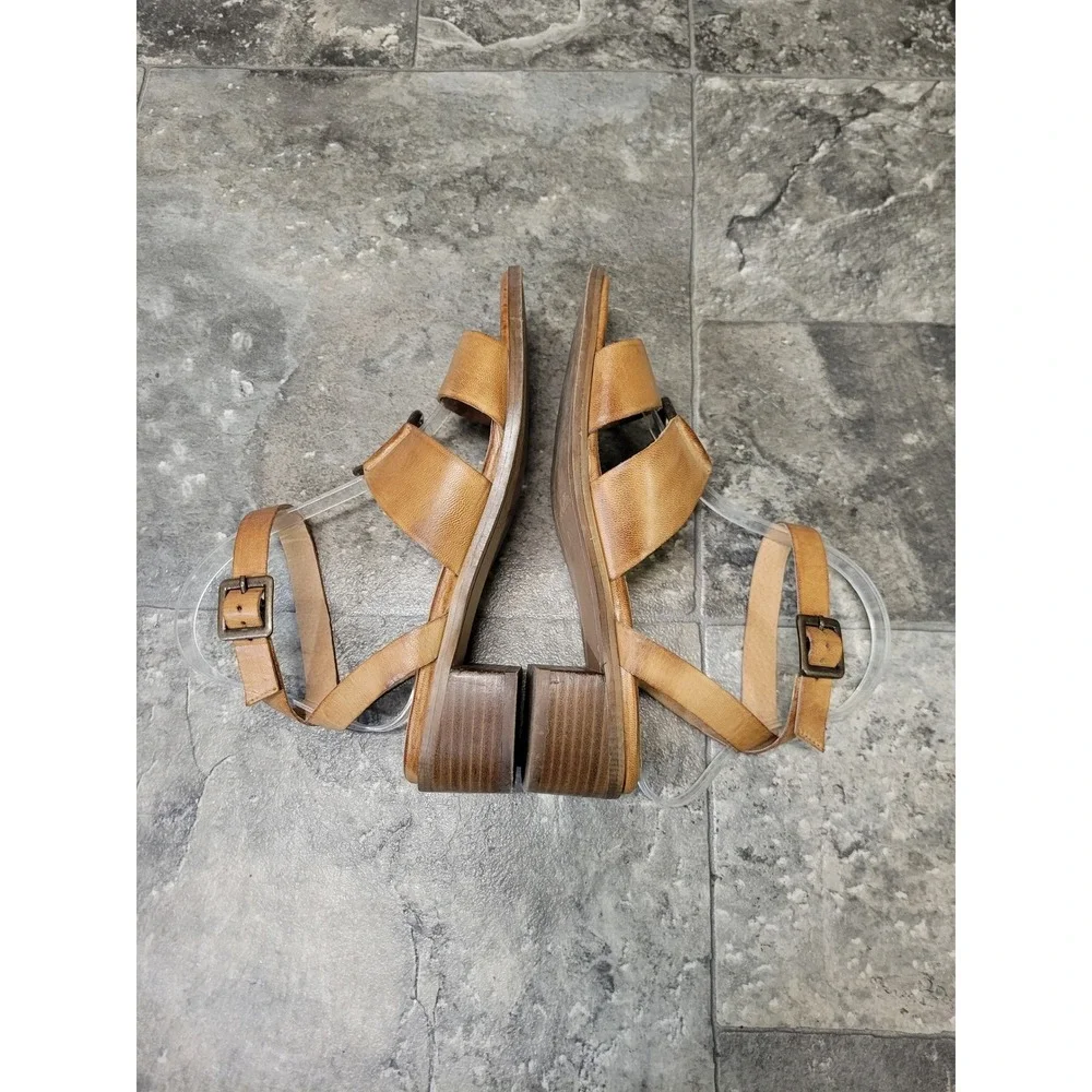 Seychelles Leather Sandals Tan Ankle Strap O-Ring Block Heel‎ Size 8